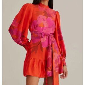 NWT Farm Rio Red Pink Peony Long Sleeve Peplum Hem Mini Dress Size XS $255 [jb]